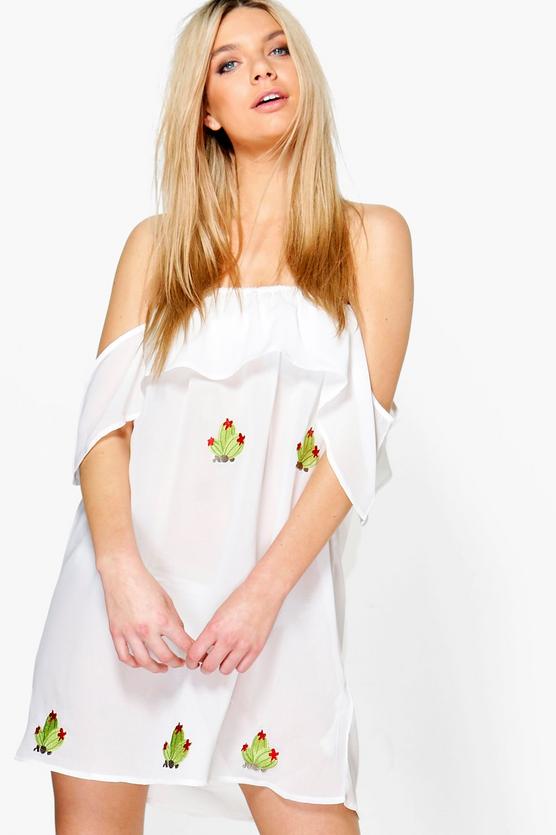 Katie Cactus Embroidered Bardot Beach Dress